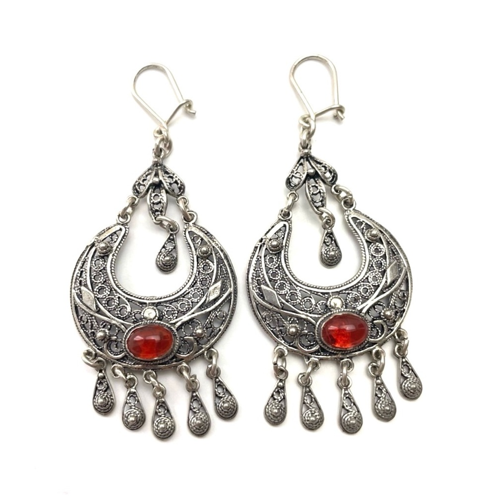 Sterling Silver 925 Dangle Earrings Amber Cabochon